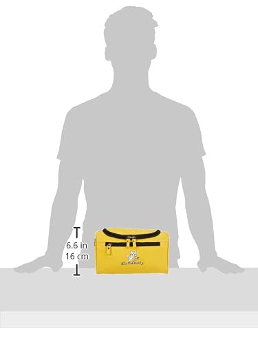 A scale diagram showing a yellow The Cut Buddy toiletry bag next to a human silhouette to demonstrate its compact height of 6.6 inches or 16 centimeters.